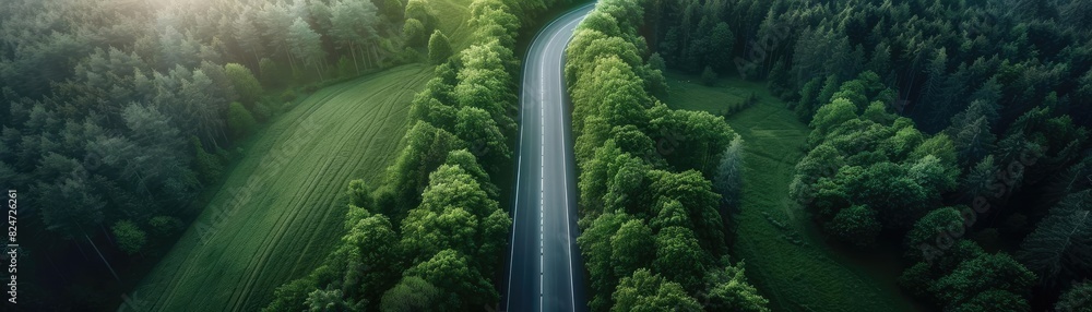 Aerial view of a serene road winding through lush green forest, capturing the tranquility and beauty of nature in its full splendor.