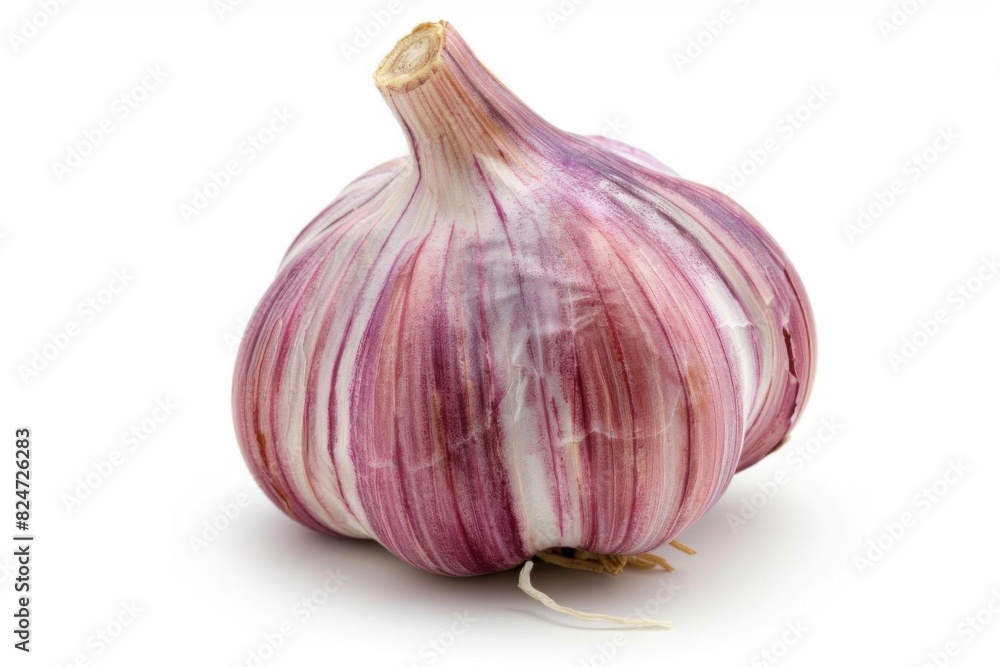 Obraz premium Close-up of a single garlic bulb with a purple hue isolated on a white background, showcasing its natural texture and color.