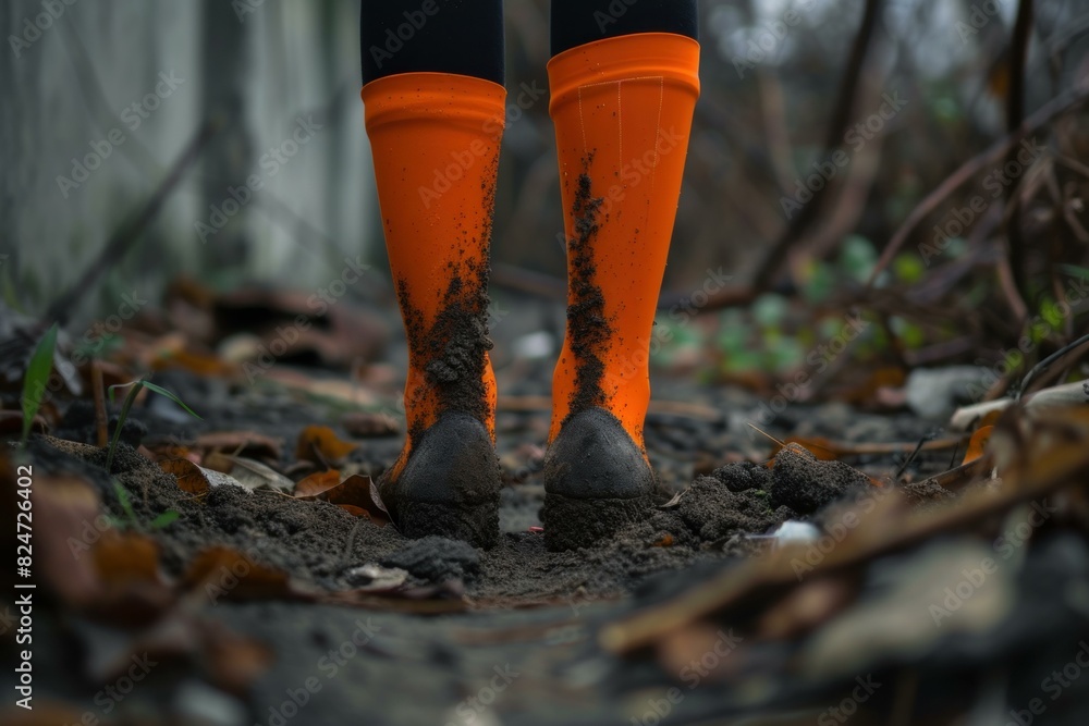 Close-up of bright orange boots covered in mud against a natural, leaf-strewn background Close-up of bright orange boots covered in mud against a natural, leaf-strewn background