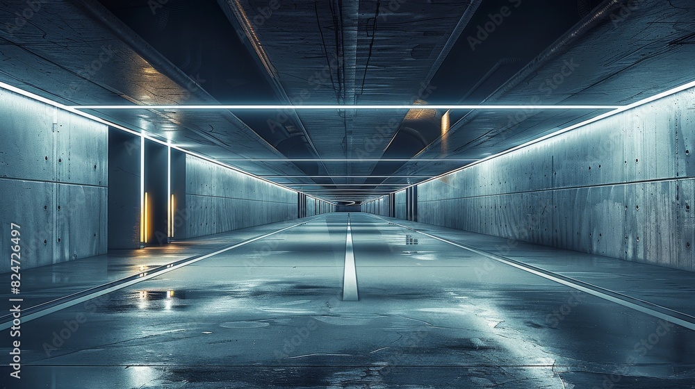 Entrance to modern concrete garage, parking or warehouse with black walls and led light, futuristic industrial building exterior. Concept of future, tunnel, construction. Generative AI.