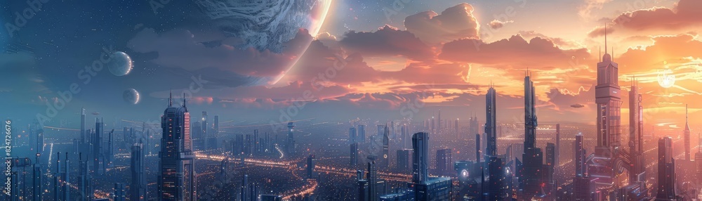 Fototapeta premium Scifi cityscape with towering buildings and interstellar travel portals, under a celestial twilight, evoking a sense of discovery