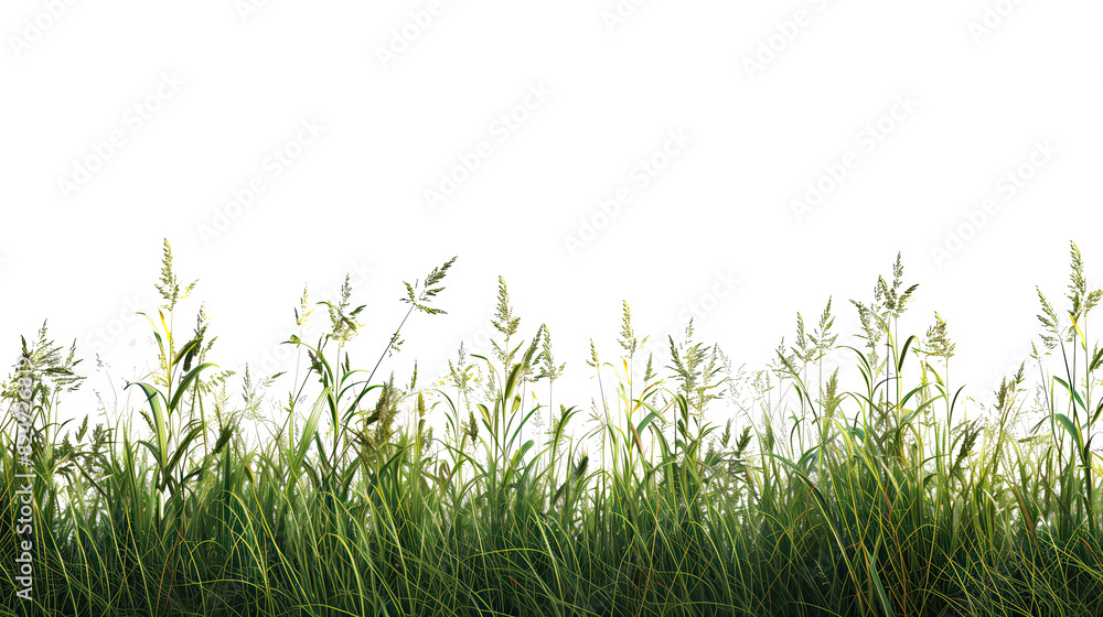 Fototapeta premium Fresh field with grass and yellow flowers green grass isolated against a transparent background. blurry blue sky with clouds. natural leaf border background