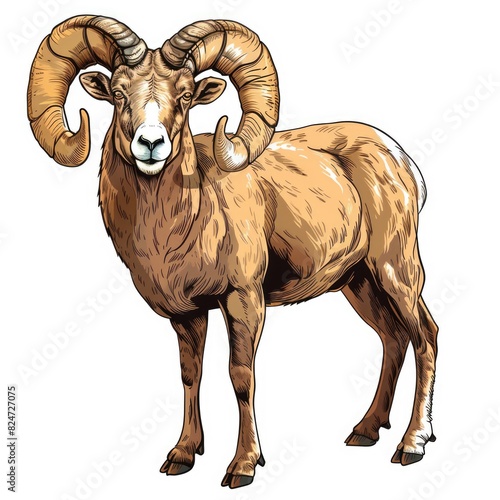 vector illustration of a horned ram bighorn sheep, representing animal livestock in agriculture, ideal for butchery meat shop designs on white background.
 photo
