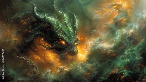 A majestic green dragon emerges from swirling nebulae.