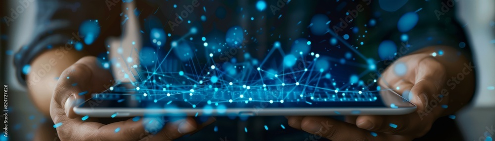 Obraz premium Close-up of hands holding a tablet with a digital network overlay, symbolizing modern technology and connectivity.