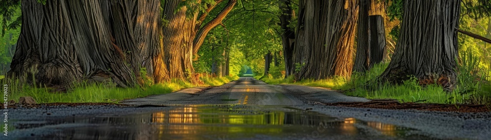 Scenic tree-lined pathway with large trunks and lush green foliage, reflecting in a puddle during a serene and peaceful morning.
