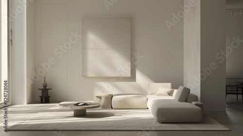 A minimalist living room with clean lines and a neutral color palette. The  focuses on a single statement piece of artwork hanging