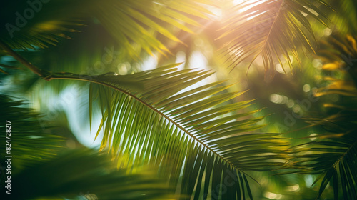 Sun rays pass through the green palm tree leaves, beach summer concept, background