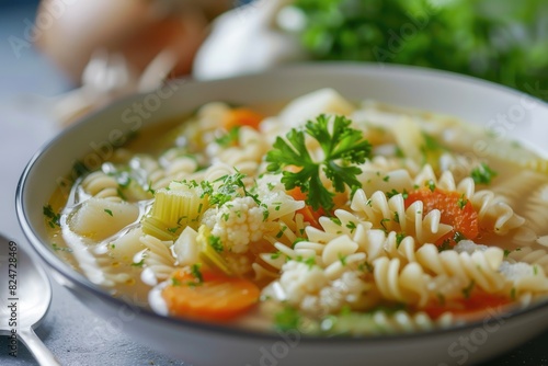 Vegetarian or vegan vegetable soup containing pasta as the first course, with ingredients like broth, potato, cauliflower, onion, carrot, and celery,