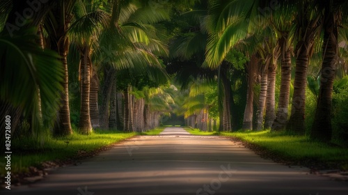 Serene tropical road lined with lush palm trees on both sides, basked in soft sunlight, creating a peaceful and tranquil atmosphere. photo