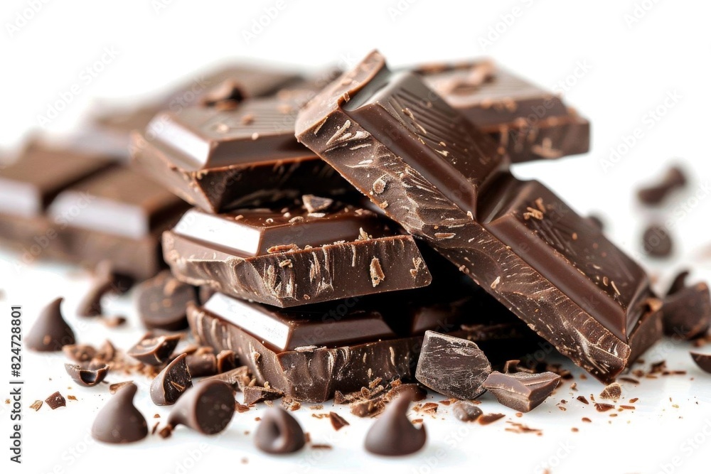 Close-up of delicious dark chocolate pieces and chocolate chips on a white background. Perfect for dessert and confectionery themes. Close-up of delicious dark chocolate pieces and chocolate chips on a white background. Perfect for dessert and confectionery themes.