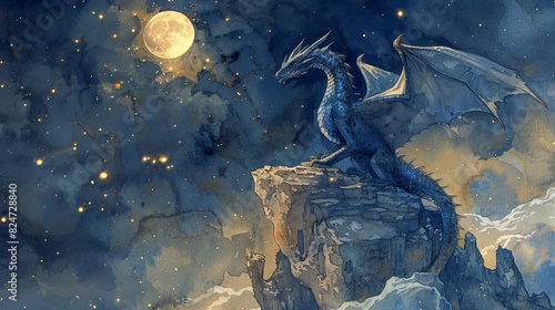 A blue dragon perches on a rocky outcropping beneath a full moon. photo