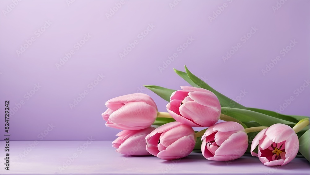 bouquet of pink tulip flowers, flower frame on lavender background, Greeting floral card template with copy space, Summer Background, Birthday, Valentine’s Day, Flat lay, top view, space for text
