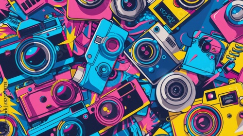 a background of creative elements like cameras  lenses  art  icons