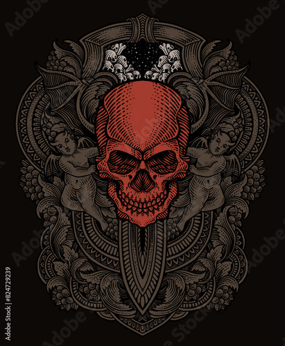 Illustration skull and demon with antique engraving ornament hand drawn - Vector Eps 10
