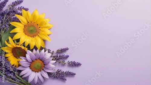 bouquet of sunflowers, flower frame on lavender background, Greeting floral card template with copy space, Summer Background, Birthday, Valentine’s Day, Flat lay, top view, space for text
