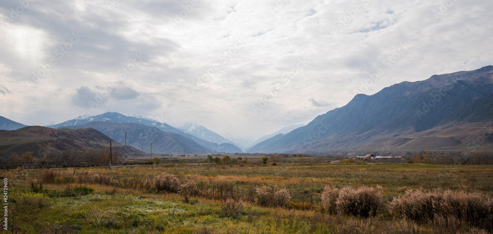 panoramic view of a valley with a mixture of dry and green vegetation, utility poles, and sparse buildings under a cloudy sky. Snow-capped mountains loom in the distance panoramic view of a valley with a mixture of dry and green vegetation, utility poles, and sparse buildings under a cloudy sky. Snow-capped mountains loom in the distance