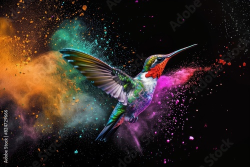 Graceful Hummingbird Hovering in a Cloud of Colorful Powder, Illustrating the Dynamic Beauty and Energy of Nature's Most Vibrant Bird