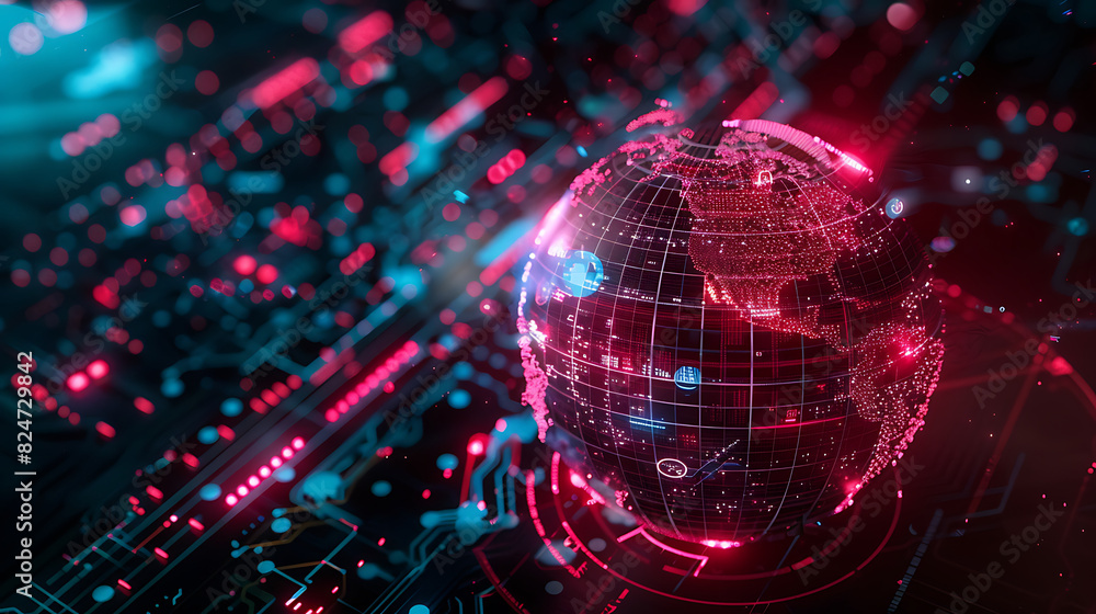 Fototapeta premium Global Disruption concept flat design top view cyber security theme 3D render vivid. Generative AI illustration 