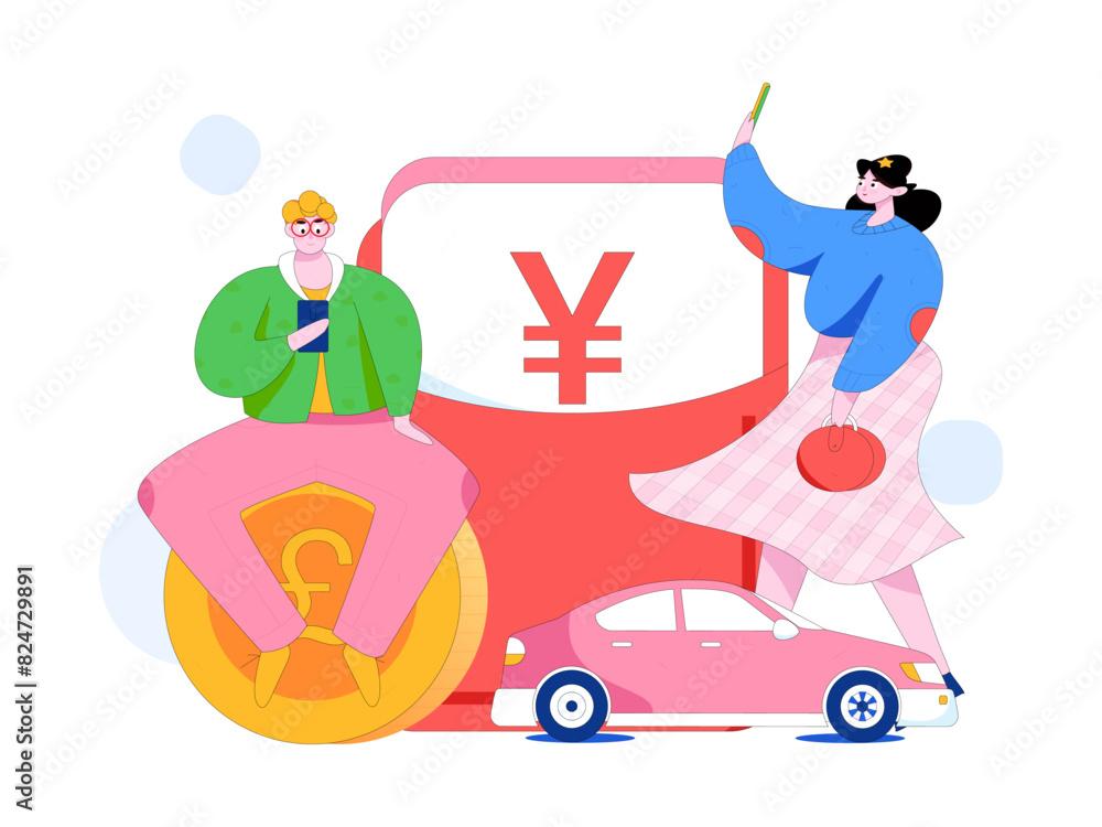 Fototapeta premium Flat vector concept operation hand drawn illustration of people taking a taxi 