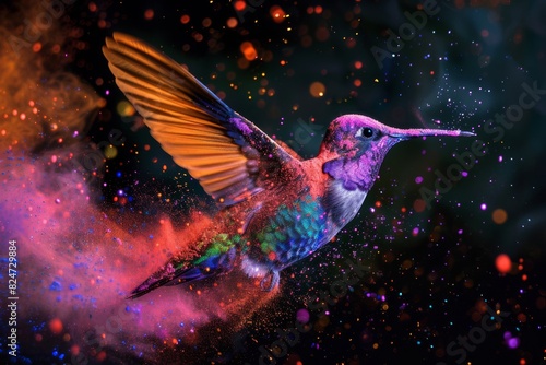 Spectacular Hummingbird in Flight Amidst a Shower of Vibrant Colored Powder, Showcasing the Exquisite Beauty and Grace of Nature's Tiny Aviator