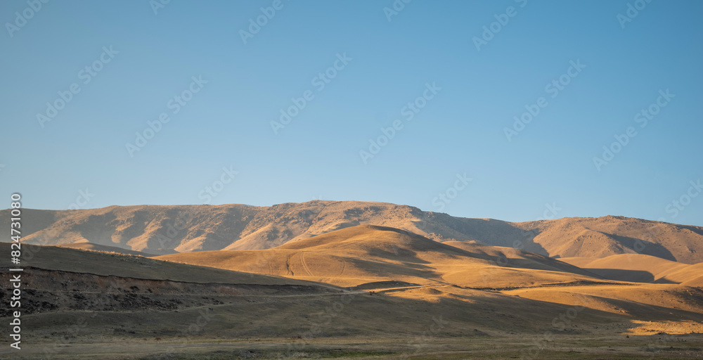 a vast, open landscape at golden hour with rolling hills, a clear sky, and the play of shadows and light creating a tranquil, picturesque scene