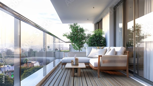 Modern balcony, Coffee table, Wooden floor, Single seat, White walls, Guardrail, Glass-framed doors. Generative AI. photo