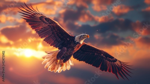 The bald eagle soars through the sky above the setting sun.