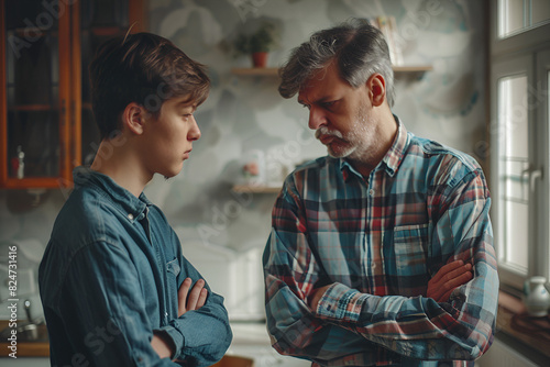 Father and teenage son are arguing at home. Son tells his arguments to father, and father stands with his arms crossed and looks angrily at teenager. Family conflict, quarrel, parenthood . photo