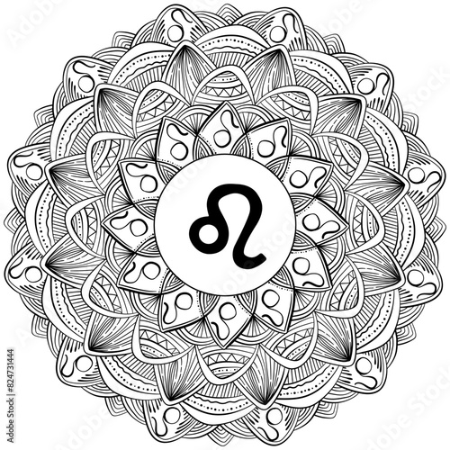 Zodiac mandala Leo, fantasy coloring page with astrological sign and meditative patterns