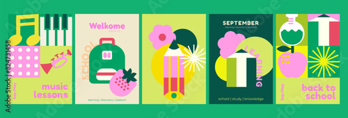 School backgrounds. Stationery, musical instruments, pencils, backpack. Set of flat cute vector illustrations. Back to school. School theme elements and objects, simple poster background.