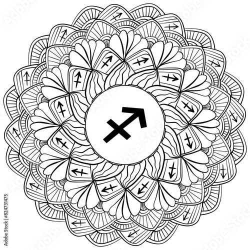 Zodiac mandala Sagittarius, fantasy coloring page with astrological sign and meditative doodles