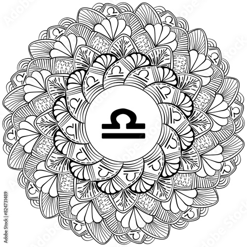 Zodiac mandala Libra, fantasy coloring page with astrological sign and meditative swirls