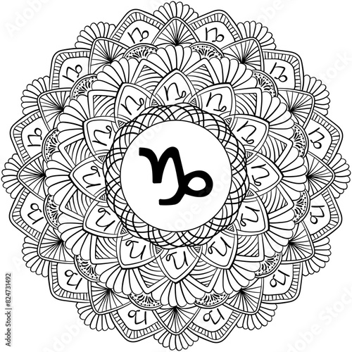 Zodiac mandala Capricorn, fantasy coloring page with astrological sign and meditative lines