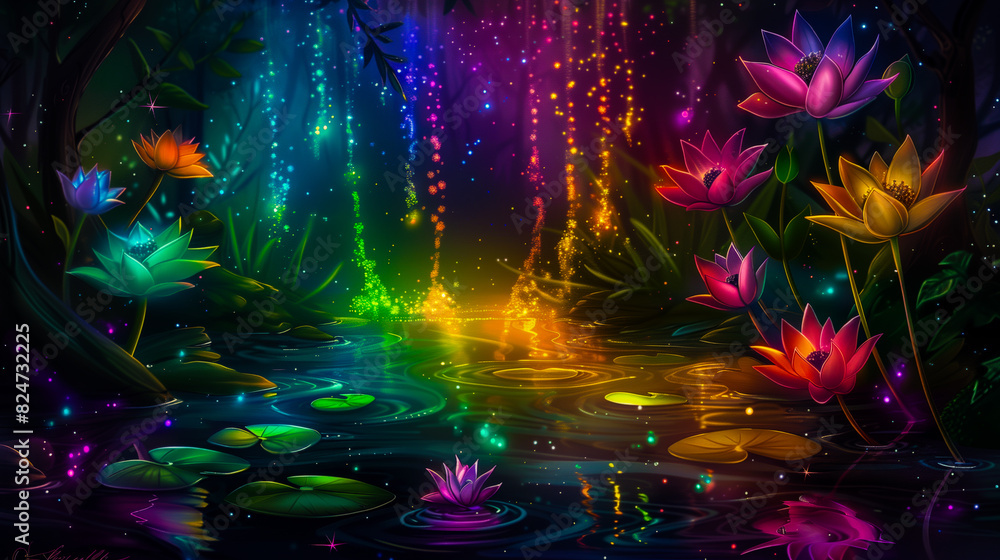 Neon fairy tale forest with luminous flowers, mystery path in dark magical woods, glowing plants and lights in wonderland. Concept of fantasy night, beauty, nature, landscape, art. Generative ai Neon fairy tale forest with luminous flowers, mystery path in dark magical woods, glowing plants and lights in wonderland. Concept of fantasy night, beauty, nature, landscape, art. Generative ai