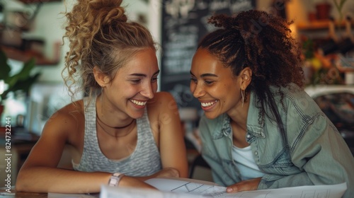 Happy lesbian couple examining a house s blueprint indoors  envisioning their future home together. The photo captures their excitement and collaborative spirit as they plan their living space.