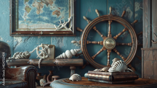 A nautical-themed living room with a ship s wheel mounted on the wall and a collection of seashells displayed on a weathered wooden table