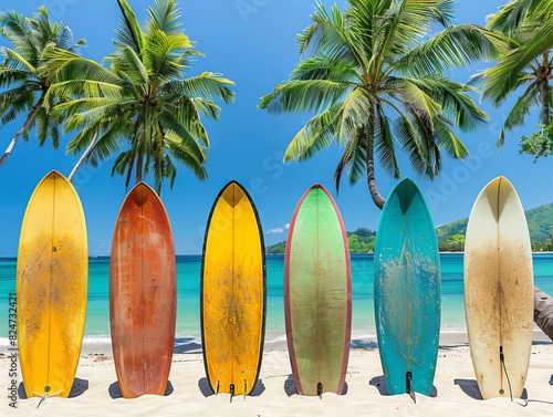 surfboards lined up on a white sandy beach, palm trees and turquoise ocean in the background ,The images are of high quality and clarity