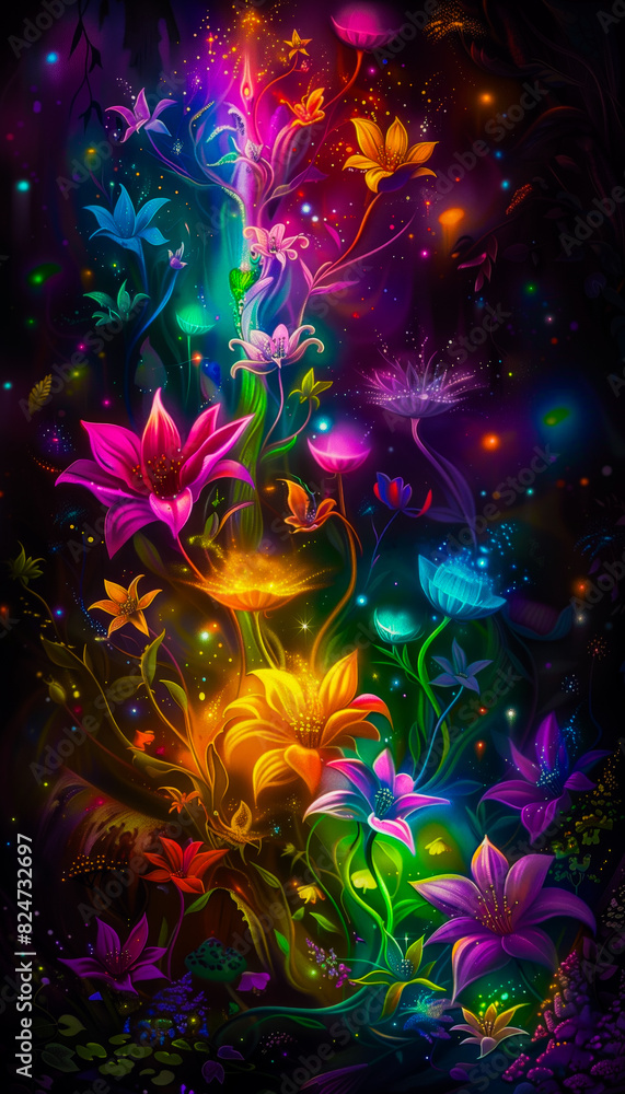 Neon fairy tale forest with luminous flowers, mystery path in dark magical woods, glowing plants and lights in wonderland. Concept of fantasy night, beauty, nature, landscape, art. Generative ai Neon fairy tale forest with luminous flowers, mystery path in dark magical woods, glowing plants and lights in wonderland. Concept of fantasy night, beauty, nature, landscape, art. Generative ai