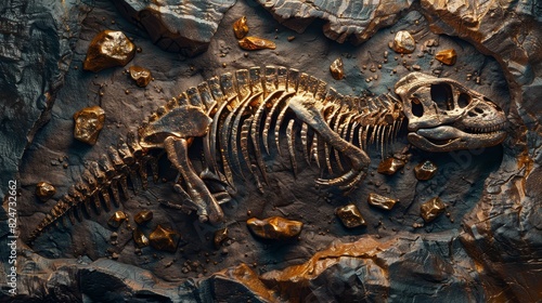 The image shows a fossilized dinosaur skeleton embedded in a rock. The skeleton is surrounded by gold nuggets.