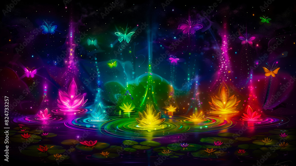 Neon fairy tale forest with luminous flowers, mystery path in dark magical woods, glowing plants and lights in wonderland. Concept of fantasy night, beauty, nature, landscape, art. Generative ai Neon fairy tale forest with luminous flowers, mystery path in dark magical woods, glowing plants and lights in wonderland. Concept of fantasy night, beauty, nature, landscape, art. Generative ai