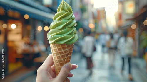 Holding Matcha green tea ice cream cone, soft cream,japanese dessertai,3d,generative ai,selective focus.