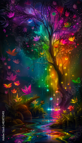 Neon fairy tale forest with luminous flowers, mystery path in dark magical woods, glowing plants and lights in wonderland. Concept of fantasy night, beauty, nature, landscape, art. Generative ai © AI.MAGINARIUM