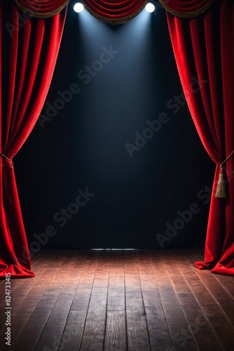 Red Curtains for the theater show background. Magic theater stage red curtains Show Spotlight. The red curtains of the stage are opening for the theater show. photo