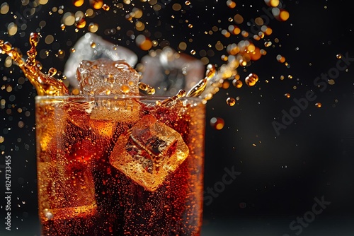 A liquid coffee drink in a drinkware with ice cubes splashing out ,The images are of high quality and clarity photo