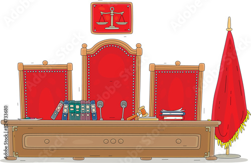 Desk and chairs of judges for official hearings and sentencing in a courtroom, vector cartoon illustration on a white background photo