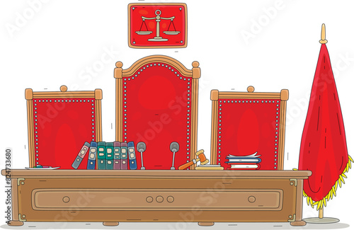Desk and chairs of judges for official hearings and sentencing in a courtroom, vector cartoon illustration on a white background