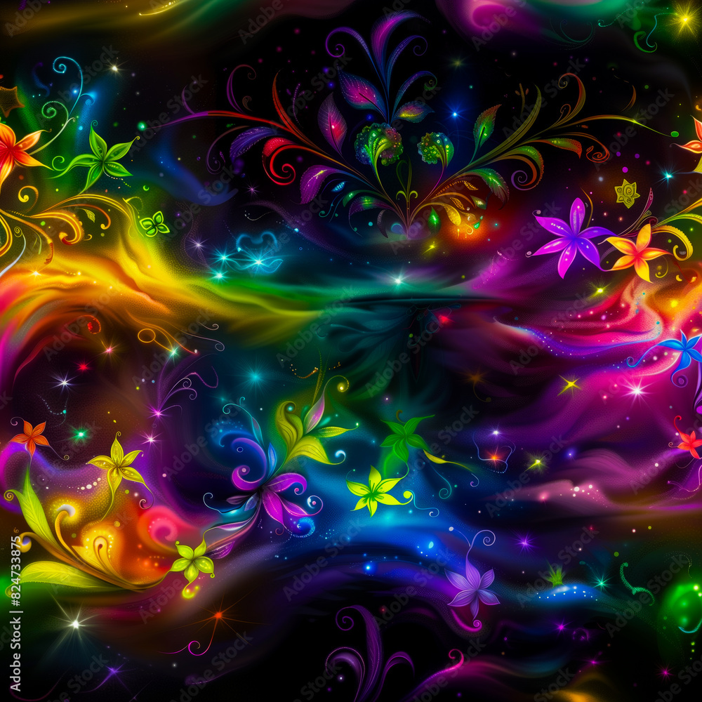 Neon fairy tale forest with luminous flowers, mystery path in dark magical woods, glowing plants and lights in wonderland. Concept of fantasy night, beauty, nature, landscape, art. Generative ai Neon fairy tale forest with luminous flowers, mystery path in dark magical woods, glowing plants and lights in wonderland. Concept of fantasy night, beauty, nature, landscape, art. Generative ai