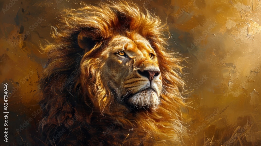 Fototapeta premium This lion is so majestic, with his golden mane and piercing gaze. He looks like he's about to pounce on his prey.