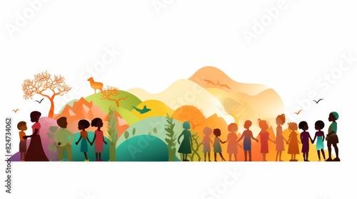 Integration between children with different cultures and races. Childhood. Multicultural kindergarten. Group of different children profile silhouette isolated. Community of multi-ethnic children photo